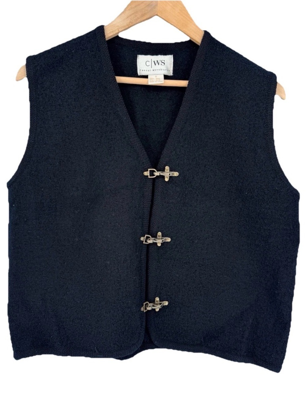 Vintage Wool Vest Black Toggle Metal Clasp Workwear Archival Small Dark Academia